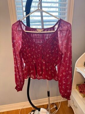 American Eagle Outfitters Burgundy Floral Smocked Peplum Blouse